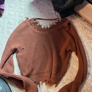 Frayed Hem Brown Sweater